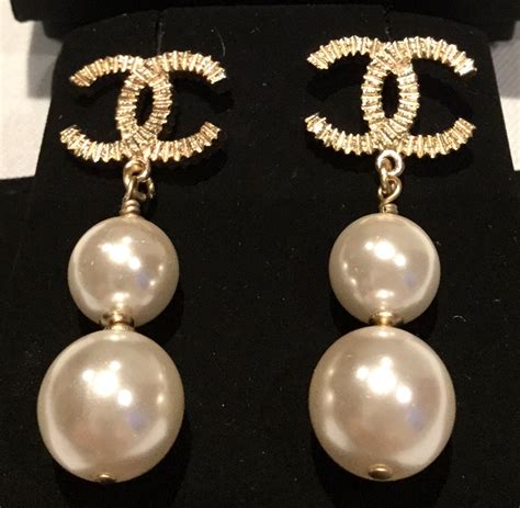 chanel pearl cc drop earrings light gold|authentic Chanel pearl earrings.